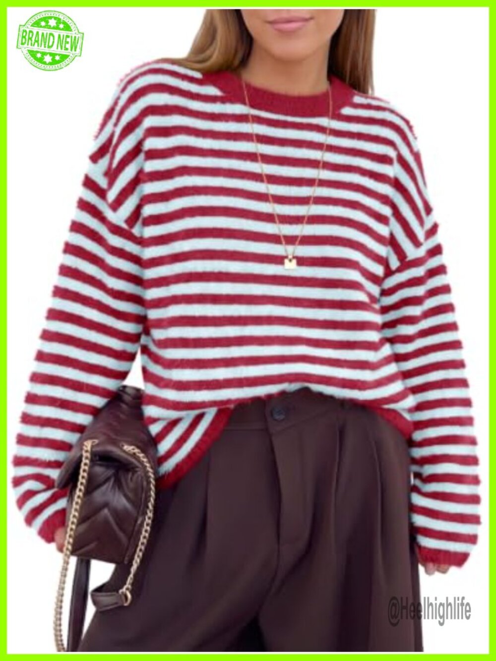 Fuzzy Striped Crew Neck Knit Pullover Sweater